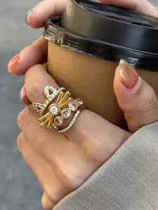 Fashion 18K Plated Gold Color Ring Stainless Steel White Rhinestone Cat Open Ring For Women Girl Cute Animal Zircon Rings Charm Jewelry