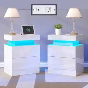 Modern Nightstand Set Of 2 With LED Lights And Charging Station, Side Tables With 2 Drawers And Open Storage Shelf, Stylish End Tables For Bedroom