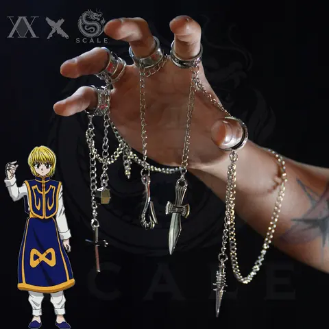 Unisex Anime-Inspired Metal Chain & Link Bracelet with 5-Ring Kurapika Finger Chains, Hunter x Hunter Cosplay Collectible - Versatile Use Costume Jewelry with Flowers, Choking Hazard Small Parts Note