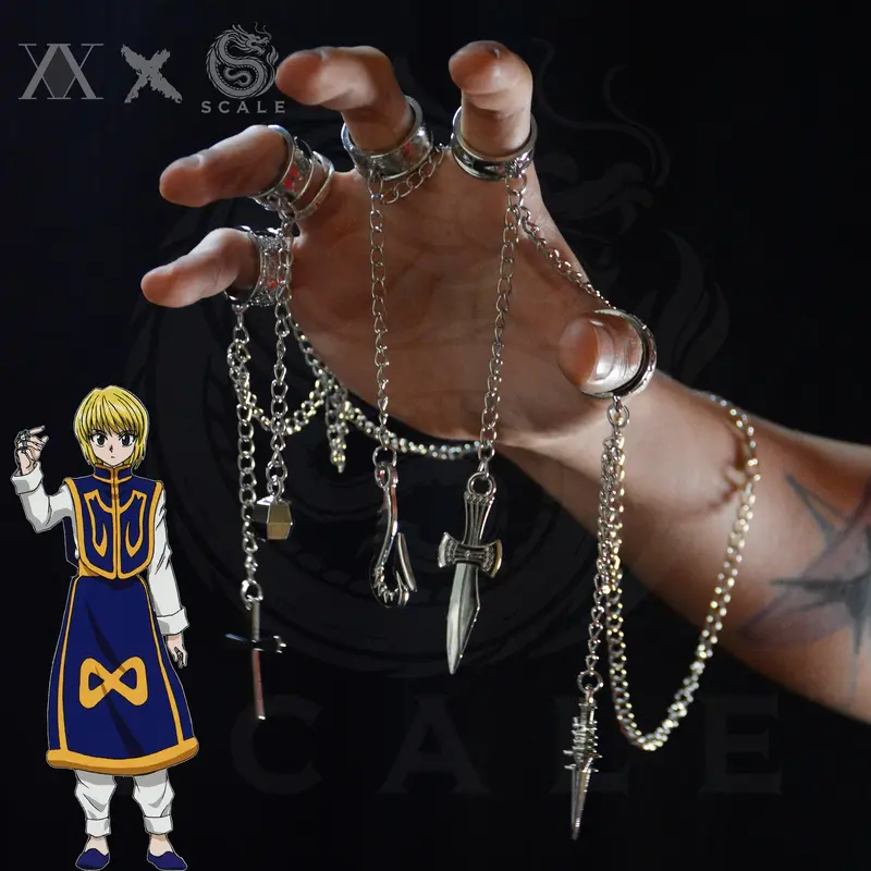 Unisex Anime-Inspired Metal Chain & Link Bracelet with 5-Ring Kurapika Finger Chains, Hunter x Hunter Cosplay Collectible - Versatile Use Costume Jewelry with Flowers, Choking Hazard Small Parts Note