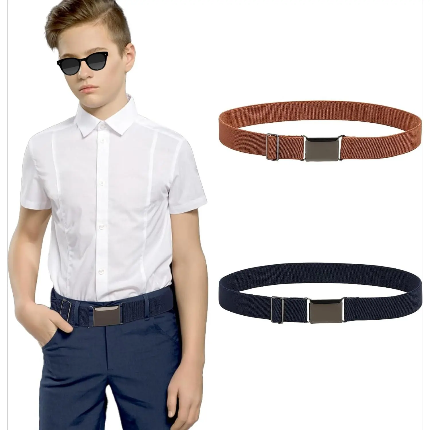 X-BLT01 Boys' Heavy-Duty 2-Pack Stretch Elastic Belts, Adjustable Silver Square Hanging Buckle, Breathable, Versatile Style for School Uniforms, Formal Wear