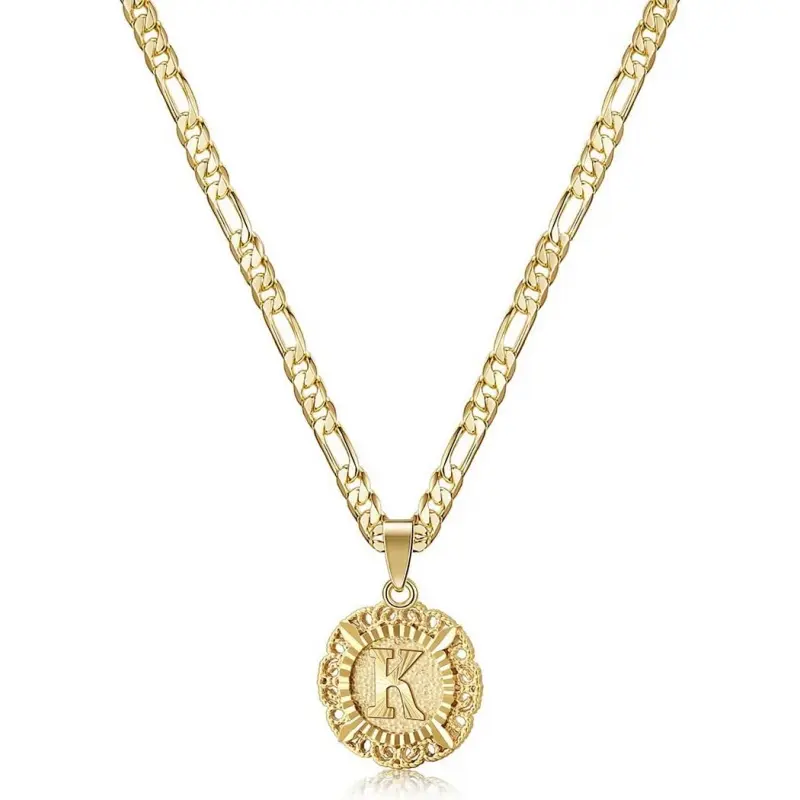 Women's Gold-Plated Initial Necklace - 50cm Figaro Chain, Round A-Z Letter Charm, Custom Name Personalized Gold Aesthetic Chain Jewelry, Birthday Gift for Daily Wear & Layering, Initial Necklaces, Personalized Jewelry, Chain Jewelry Necklaces