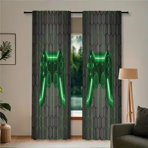 2-piece Cyber Green LED Gaming Controller  Embroidered semi-transparent curtains, rod bag curtains, suitable for living rooms, bedrooms, home decoration, machine washable, hookless
