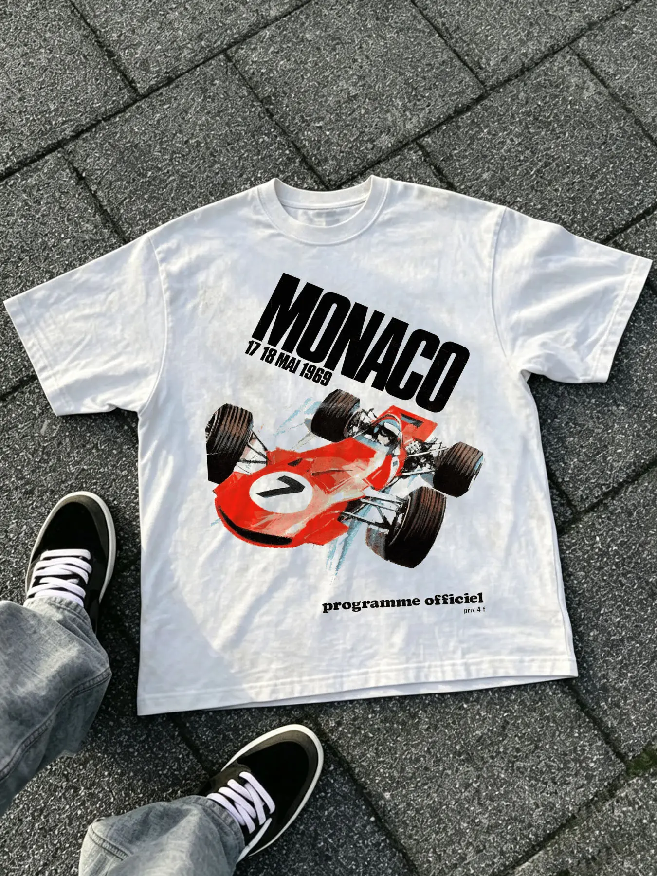 1 PCS 1969 Monaco Grand Prix No.7 F1 Race Car Retro Programme Officiel Distressed Graphic Print, Classic Formula 1 Motorsport Grunge Streetwear Tee, Soft Breathable Unisex Top For Vintage Racing Fans Casual Outfit
