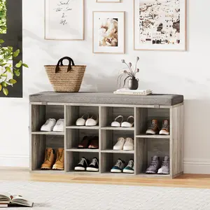 Cushioned Entryway Shoe Bench with 3-Tier Adjustable Shelves & 10 Cubbies, Space-Saving Shoe Organizer Cabinet, Sturdy Storage Furniture for Hallway, Bedroom & Living Room, Grey / Vintage Finish