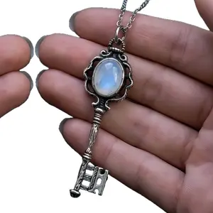 September Laurel  Moonstone Hecate Key Pendant Neckalce With Cord Chain