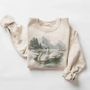 Retro White Swans Winter Lake Scene Sweatshirt - 90s Waterfowl Mountain Forest Nature Gift - Bird Watcher Boho Unisex