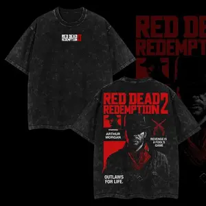 Red Dead Redemption 2 Arthur Morgan Double Printed Oversize Lightweight Acid Washed Tee Game Graphic T-Shirt for Men Casual Day Wear Cotton Fabric - Jeans Vintage Gaming Retro Black Tee Oversized Heavyweight Cotton T-Shirts Love Menswear Top Overall