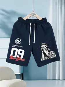 Men's New York 09 Statue of Liberty Graphic Shorts, Oversized Casual Streetwear, Fitted Drawstring Shorts, Boho Style
