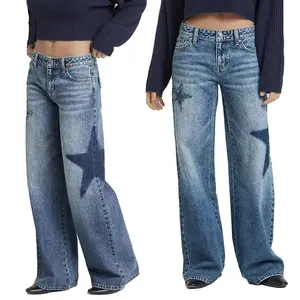 Forever 21 Women's Star Print Studded Metallic Wide Leg Denim Pants
