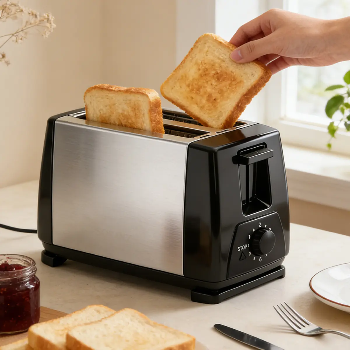 Slim 2-Slice Dual-Serve Toaster, 6 Shade Settings, Cancel/Reheat/Defrost Functions, Removable Crumb Tray, 650W Power, Space-Saving Household Kitchen Breakfast Toastie Maker, Reheat Function