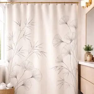 Neutral Botanical Shower Curtain, Minimalist Floral Bathroom Curtain, Beige Waterproof Fabric Shower Curtain, Modern Farmhouse Bathroom Decor.