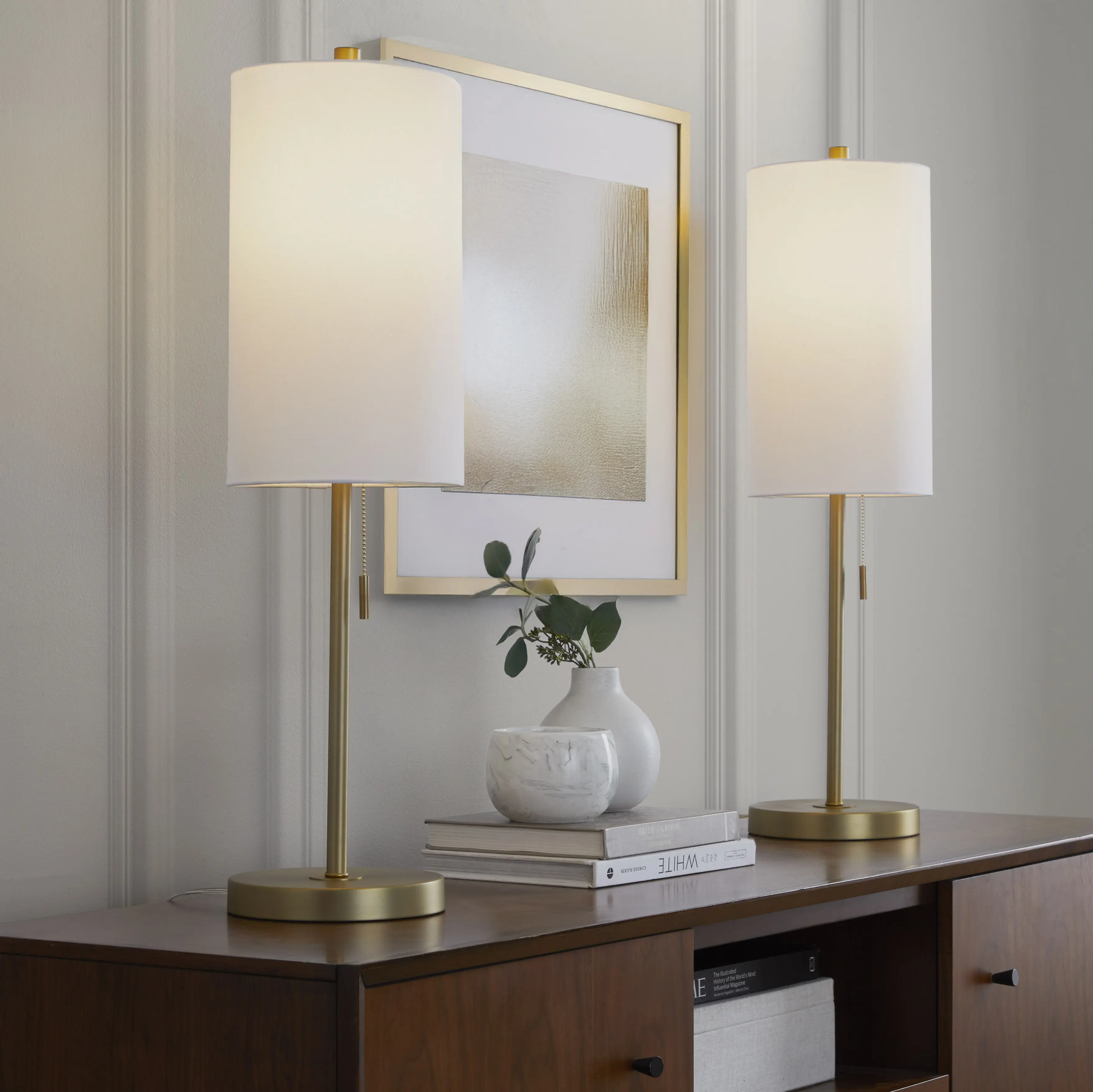 Set of 2 Gold Metal Buffet Lamps with USB Ports and White Linen Shades