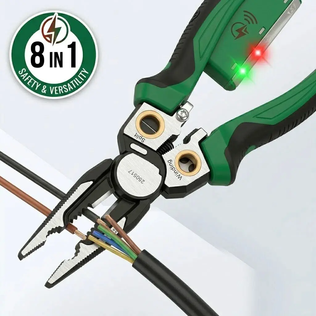 8-in-1 Wire Stripper Pliers - Professional Heavy-Duty Electrician Multi-Tool with NCV Voltage Tester, Wire Cutter, Crimper, Splitter (1 Pack)