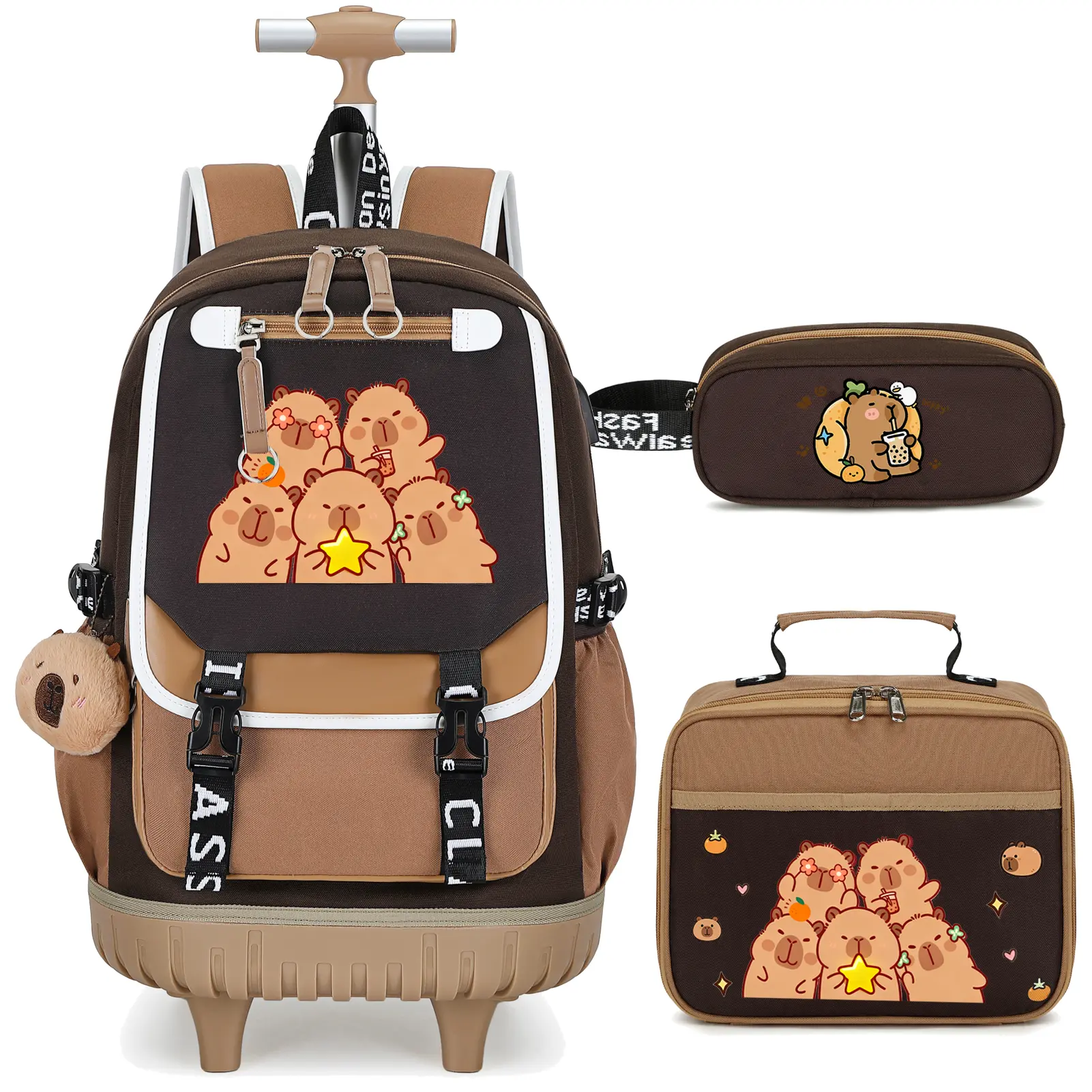 SIMILOVE Kawaii Backpack 3-in-1 Girls' Rolling Set (3PCS) - Childrens Bag, Desk-fit Folded, Tearproof Fabric, Retractable Wheels, Built-in Org., Lunch Bag, Pencil Case, L12.2in x W7in x H17.7in for Elementary Students