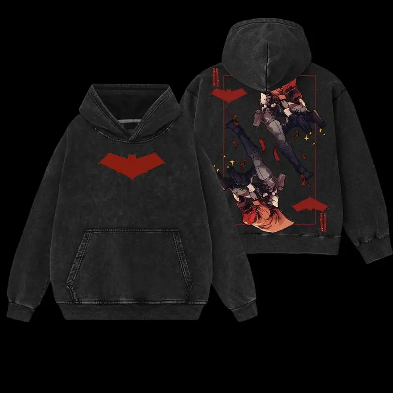 Red Hooded Antihero Under the Mask Edition Double Printed Oversized Acid Washed Tee Hoodie