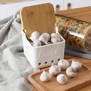 1pc GDCZ Ceramic Garlic Keeper with Wooden Lid - Square Garlic Storage Container, Ventilated Compartments & Ergonomic Handle, White & Turquoise, Kitchen Counter Organizer, Freshness Saver, Housewarming Gift