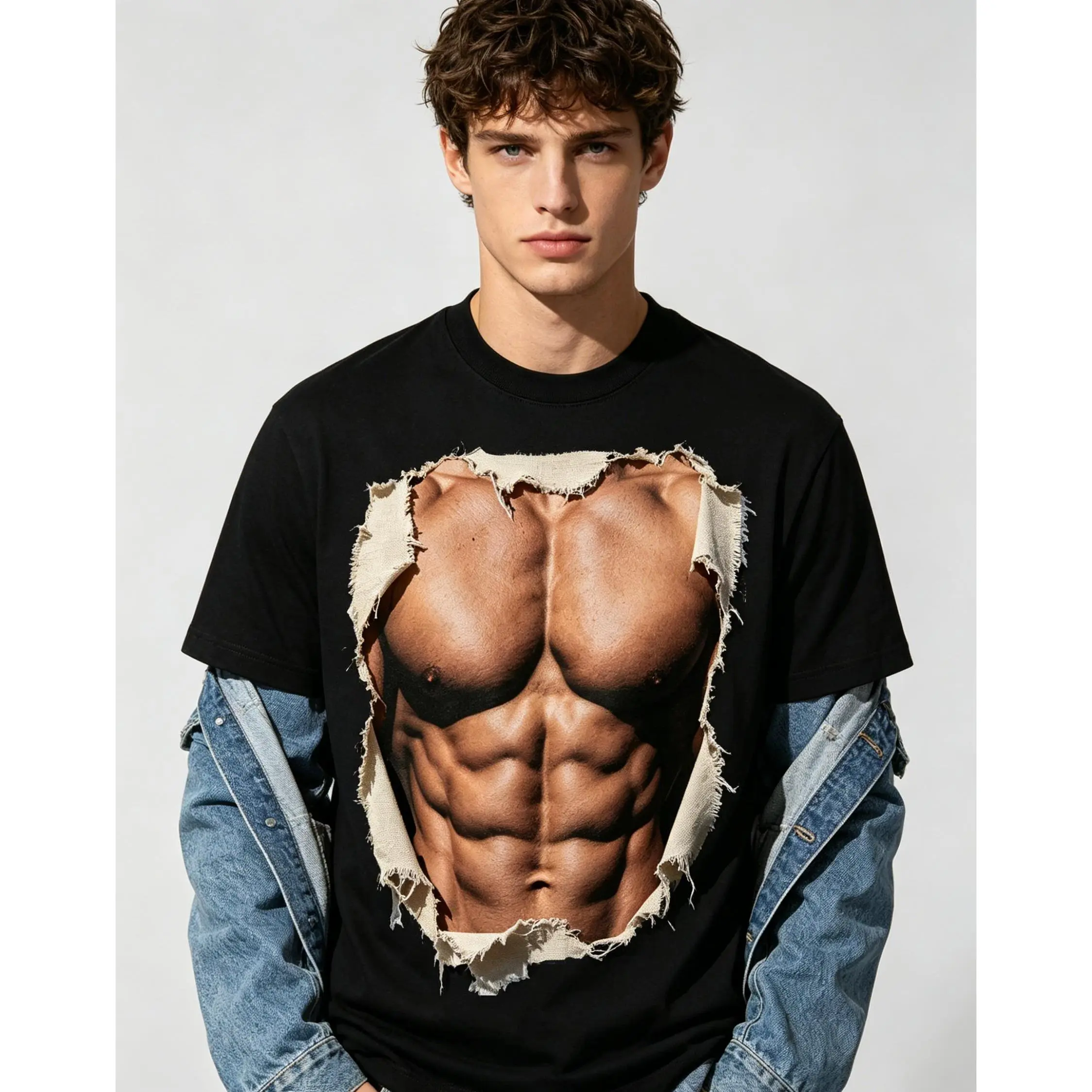 Men's Denim Trim 3D Muscle Print T-Shirt Rectangular Ripped Border Fake Abs Novelty Distressed Casual Cotton Gym Tee, Gym Fitness Joke T Shirt, Short Sleeve, Crew Neck, Cotton Top,Novelty Humor,Prank Style,Man's Gift,Men Party