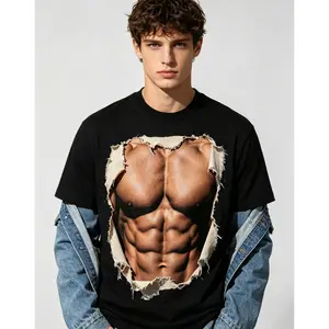 Men's Denim Trim 3D Muscle Print T-Shirt Rectangular Ripped Border Fake Abs Novelty Distressed Casual Cotton Gym Tee, Gym Fitness Joke T Shirt, Short Sleeve, Crew Neck, Cotton Top,Novelty Humor,Prank Style,Man's Gift,Men Party