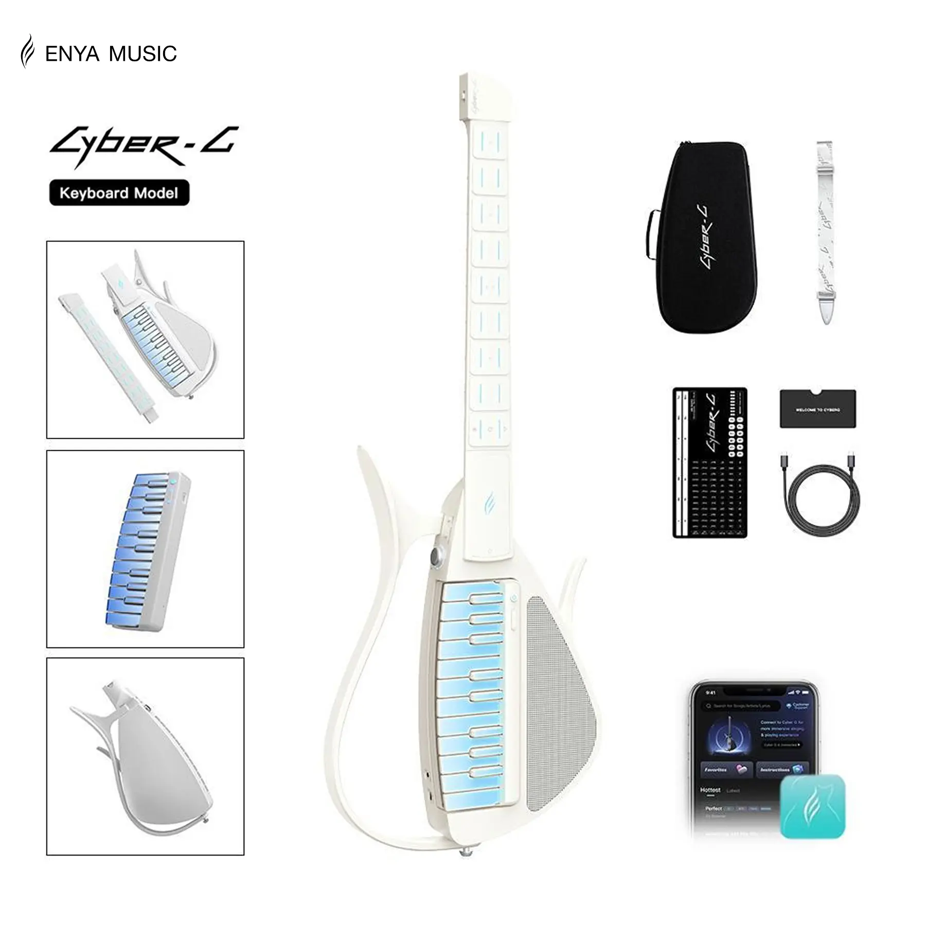 【Music Is Free】Enya CYBER-G Stringless Smart Guitar Portable Foldable Travel Guitar with App-Controlled Chords, Hundreds of Instrument Sounds, Built-In Speaker & Drum Machine, Quick-Learn for Adults/Guitar Beginners Usb Audio Interface Audio Mixer Kit