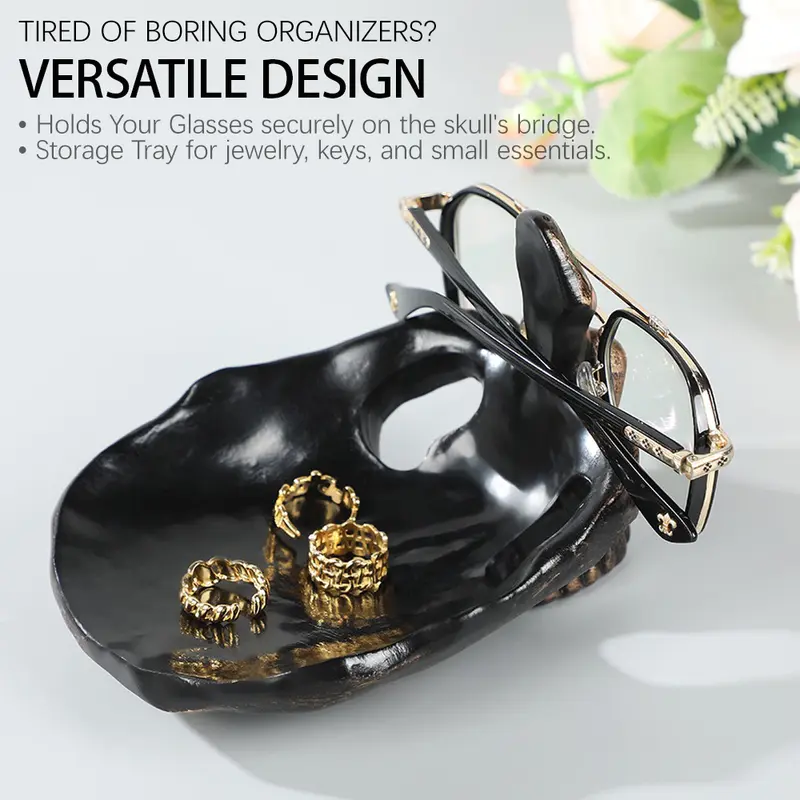 Gothic Skull Glasses Holder with Storage Tray - Novelty Eyeglasses & Sunglasses Display Stand - Desktop Organizer for Home & Office - Decorative Catch-All Tray for Nightstand, Entryway - Creative Gift Idea for Birthday & Christmas - Halloween Decoration