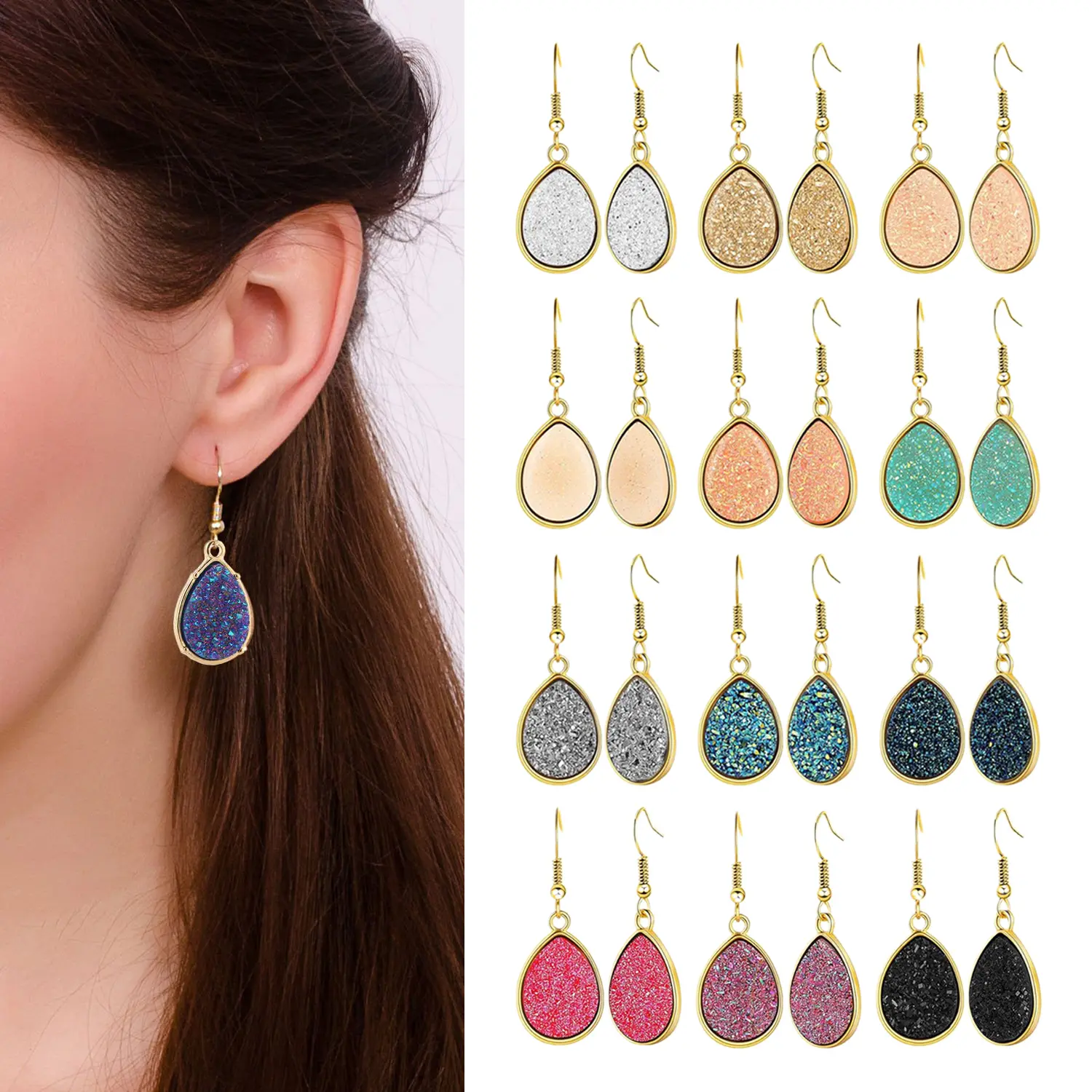 Women's 12 Pairs Bright-in-Color Faux Druzy Drop Earrings, Stainless Steel Dangle Costume Jewelry for Casual Wear, Wedding Party, Anniversary, Birthday Gifts, Earrings For Women