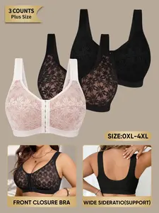 3-Piece Plus Size Front-Closure Backless Bra Set, Casual Breathable Lace No-Wire Design, Wide Shoulder Straps, Medium Support, All Seasons