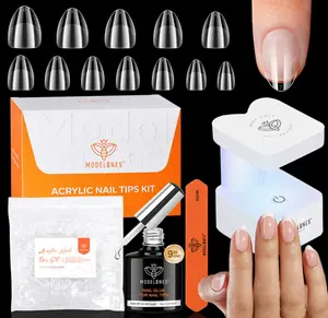 modelones Extra Short Almond Gel Nail Tips Kit, 9-in-One Nail Glue with Portable U V Lamp 216Pcs 12Sizes Pre-Etched Press ons Fake Acrylic Extension Kit DIY Salon Gift for Women