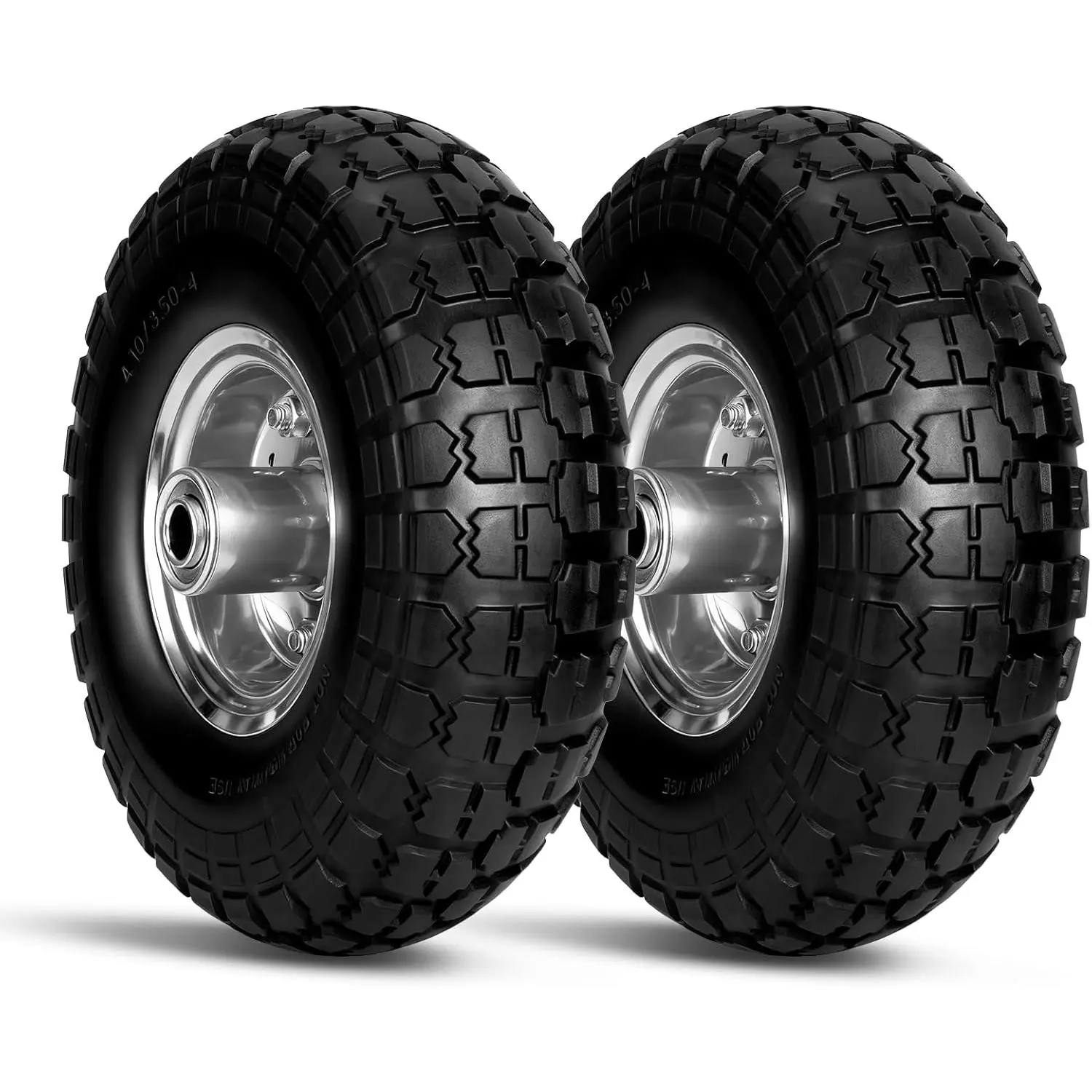 4.10/3.50-4 Tire Wheels Flat Free, 10 inch Solid Rubber Tire Wheels with 5/8'' Double Sealed Bearings, 2.2" Offset Hub,  for Hand   Garden Trailer Gorilla Carts, 2 PACK