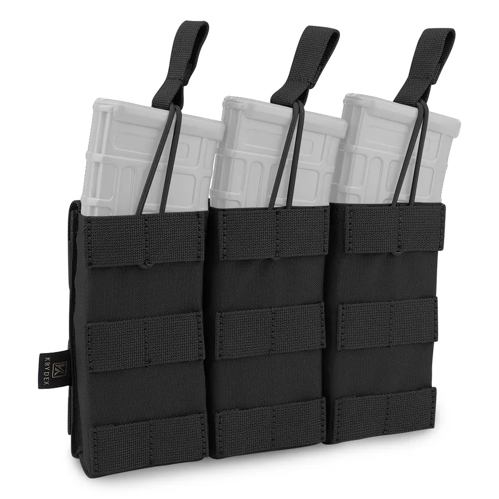 KRYDEX Triple 5.56/.223 M4 M16 AR15 Open Top Tactical Accessory Pouch, 500D Durable Nylon Carrier, Modular Design with Shock Cord Pull Tabs for Easy Access, Multifunctional Sports Organiser Bag