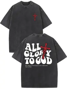 1pc Men's 230GSM Heavyweight Cotton T-Shirt - Dual-Sided Washed Vintage Streetwear Tee with "All Glory to God" Cross Print, Black with White & Red Lettering, Regular Fit Round Neck All-Season Casual Top, Holiday Gift