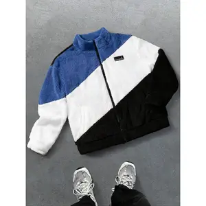 Fashionable color-blocked wool zip-up jacket; soft blue plush jacket; comfortable, casual everyday wear and home decor