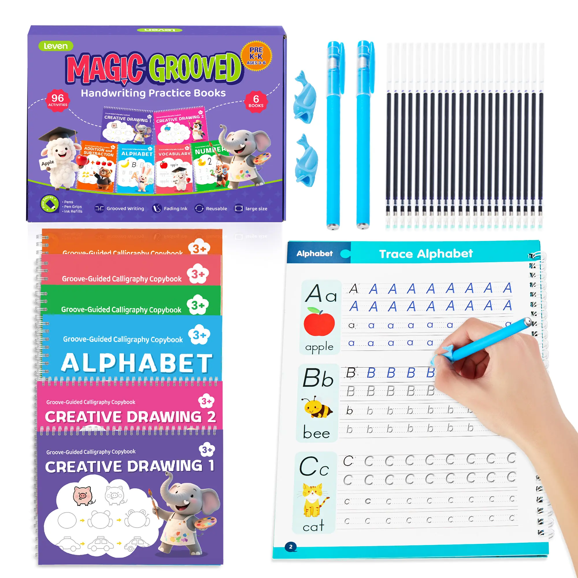 Leven Magic Grooved Writing Practice Books for Kids – 2026 Ultimate Handwriting Set with Reusable Copybooks, Tracing, Numbers, Letters & Math, Plus Disappearing Ink for Preschool Learning – 6 Large Workbooks (Ages 3-10, Boys & Girls Gift)