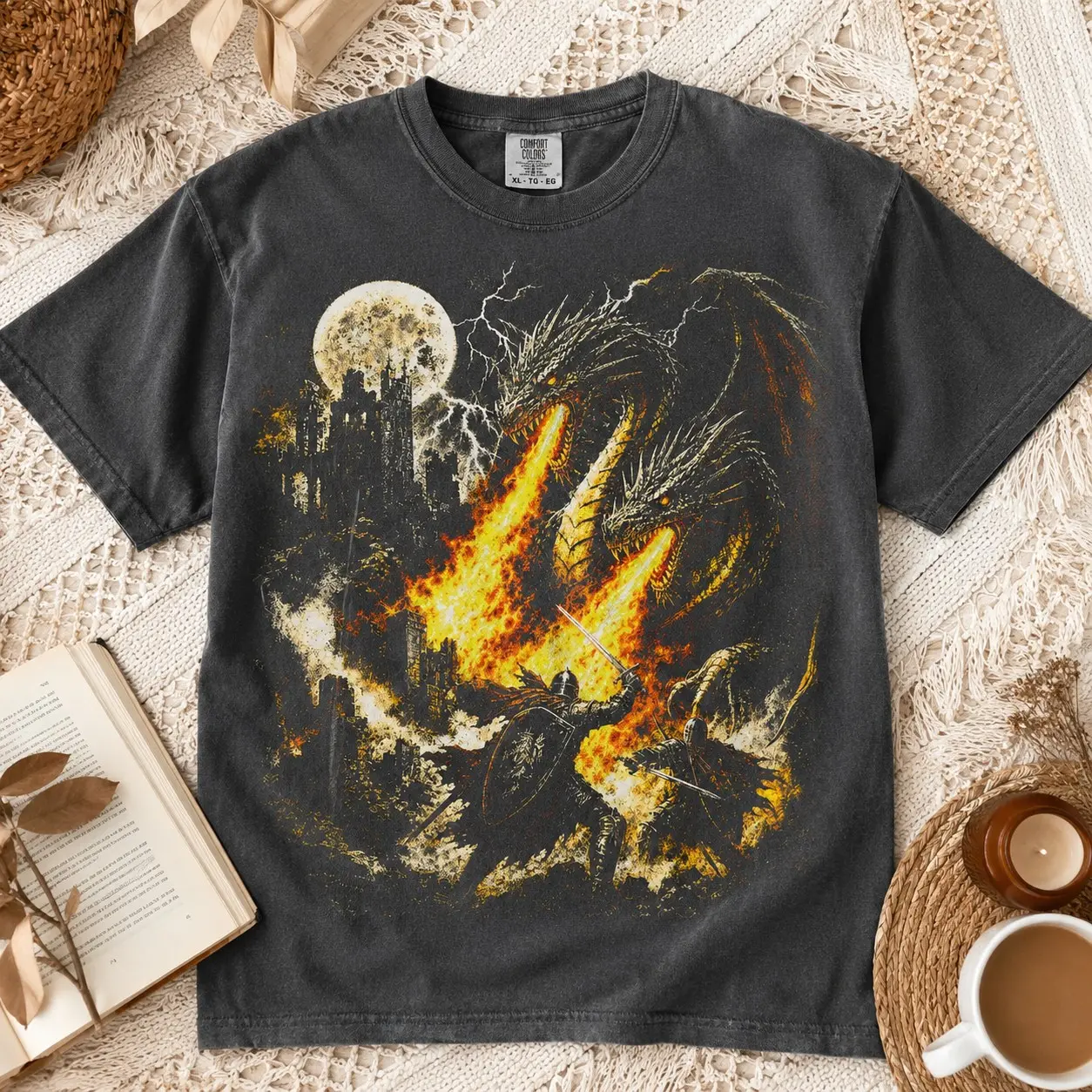 Comfort Colors Fire Breathing Hydra Dragon Knight Ladies Vintage Shirts Renaissance Fair, Epic Dark Fantasy Graphic Short Sleeve Gamer Present