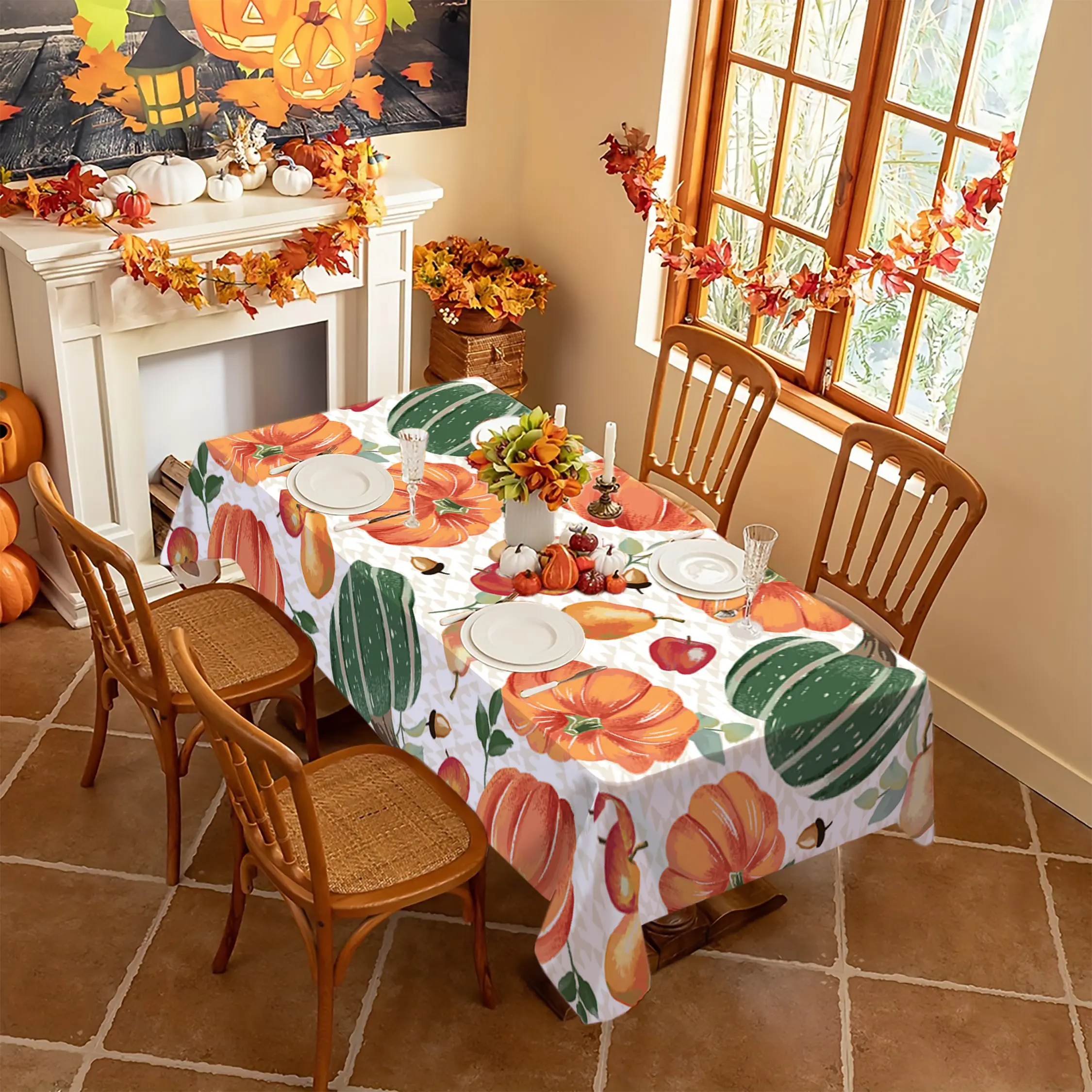 1 Piece Fall Rectangle Tablecloth Thanksgiving Pumpkin Leaf Apple Pear Patterned Table Cloth Autumn Holiday Decorations Home Kitchen Dining Room Outdoor Picnic Dinner Party Restaurant Festival Wedding Celebration