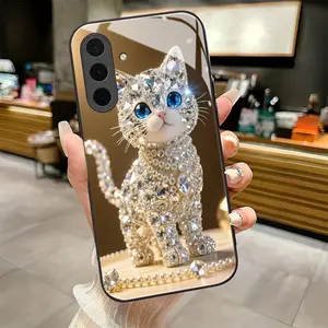 Diamond - adorned Kitty pattern Black Frame Glass Phone Case suitable for Samsung Galaxy A36 A12 A13 A14 A15 A16 A23 A24 A25 A26 A32 A33 A34 A35 4G 5G new model Individual Design,Unique Phone Case，ideal holiday gift