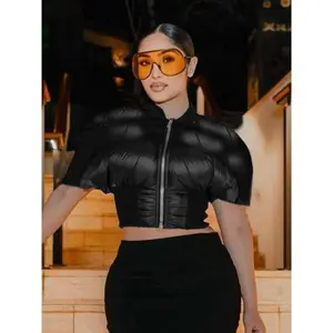 Women's Solid Puff Sleeve Zip Up Crop Quilted Crop Jacket, Casual Fashion Tops, Baseball Collar Short Sleeve Outerwear for Daily Outdoor Wear, Fashion Jacket, Women Clothing for Fall & WinterGift