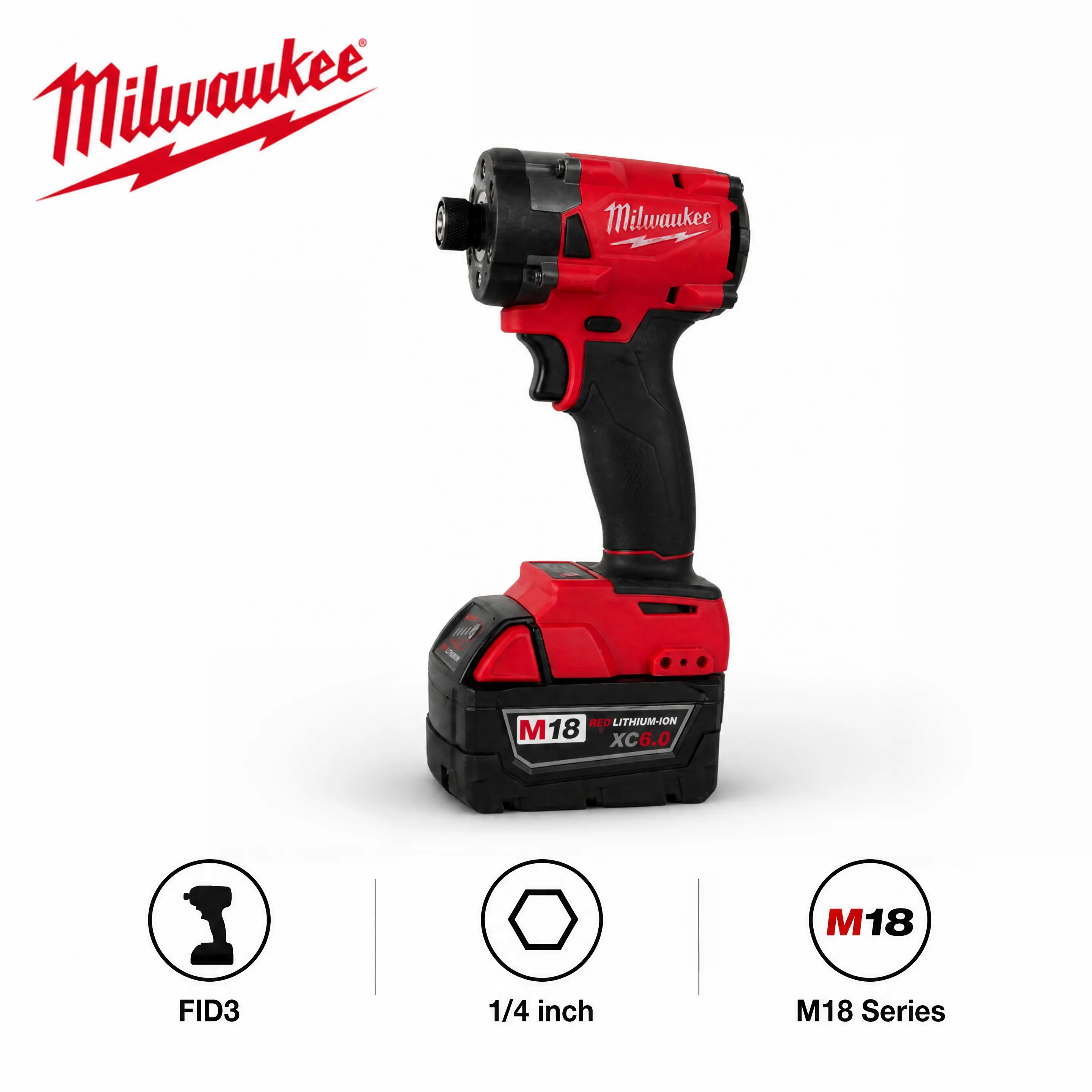 Milwaukee M18 FID3 18V Cordless 1/4" Hex Compact Impact Driver, 180Nm Max Torque, 300Nm Breakaway Torque, Multi-Speed Control, For Assembly Work, Auto Repair And Garage Projects To Drive Screws And Small Fasteners