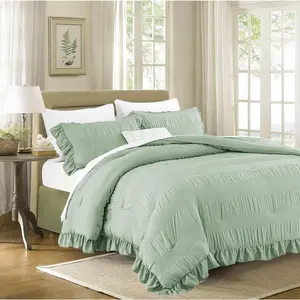 Sage Green Seersucker Comforter  Size with Ruffled Edges, Ultra-Soft Sage Green Bedding Set  Size 3 count Set, Down Alternative Comforter Set(/90 * 90)