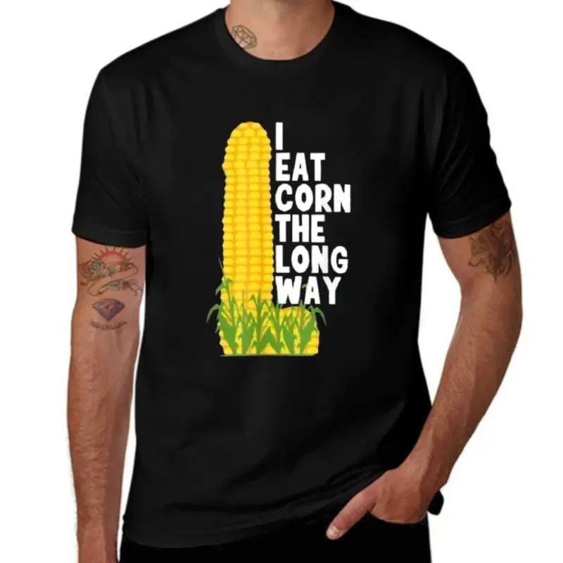 Men's I Eat Corn The Long Way Funny Corn Graphic Crew Neck Cotton Short Sleeve Casual Humor T-Shirt