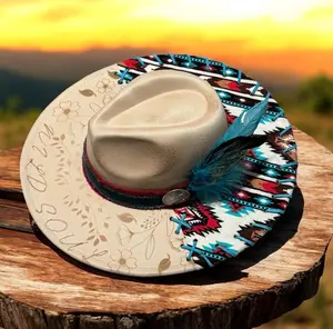 Boho Style Cowboy Hat Hand Stitched and Lasered with Feather Accent and Floral Design