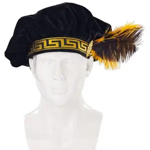 Medieval Tudor Hat with Feather Velvet Renaissance Muffin Hat Tudor Flat Cap Minstrel Costume Elizabethan Hat Men