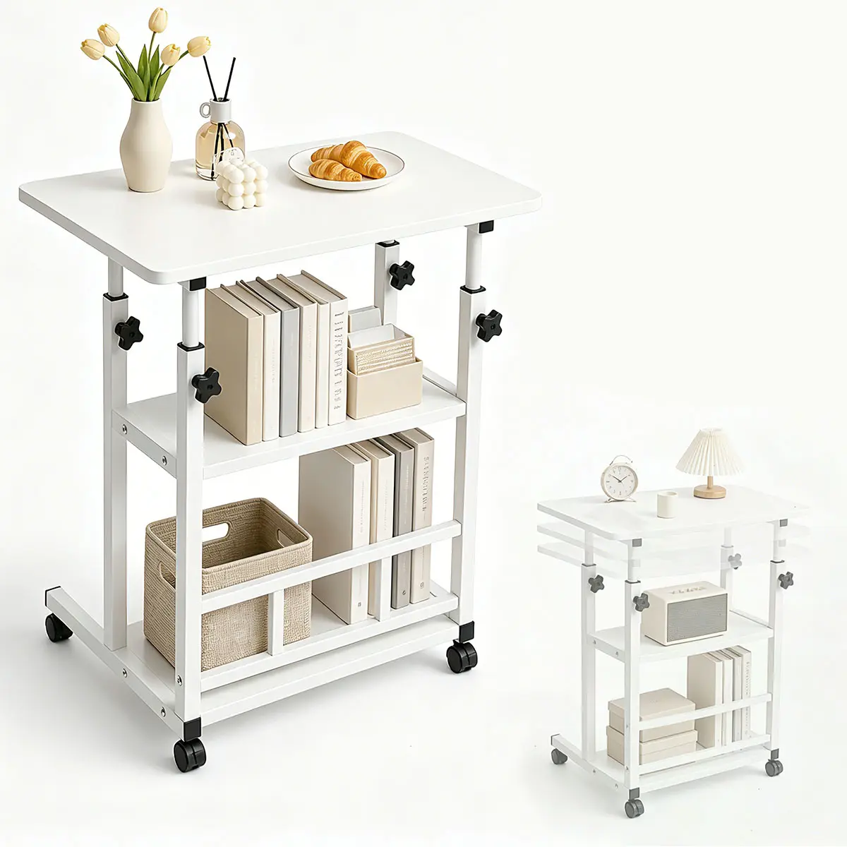 Adjustable Height Rolling Overbed Bedside Table,3-Tier Mobile Nightstand Cart with Lockable Wheels,Over Bed Laptop Breakfast Tray Side Table for Bedroom Bed Rest Apartment Dorm Small Space Storage, Adjustable Height from 25''-35'', White