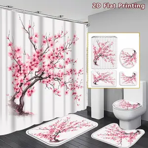 4PCS Cherry Blossom Shower Curtain set, Pink Blossom Tree Bathroom Decor, Accessories with Bath Mat, U-shaped Mat, Toilet Lid Cover, 12 Hooks 180x180cm Curtain, Floral Enthusiast, Home Decor, bathroom accessories