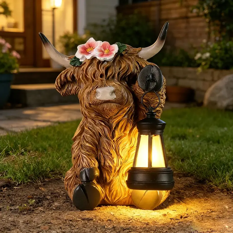 Waterproof Resin Solar Highland Cow Garden Statue with LED Lantern & Floral Headdress, Outdoor Lawn Art Ornament, Aesthetic Pathway Lighting, Farmhouse Home Improvement Gift