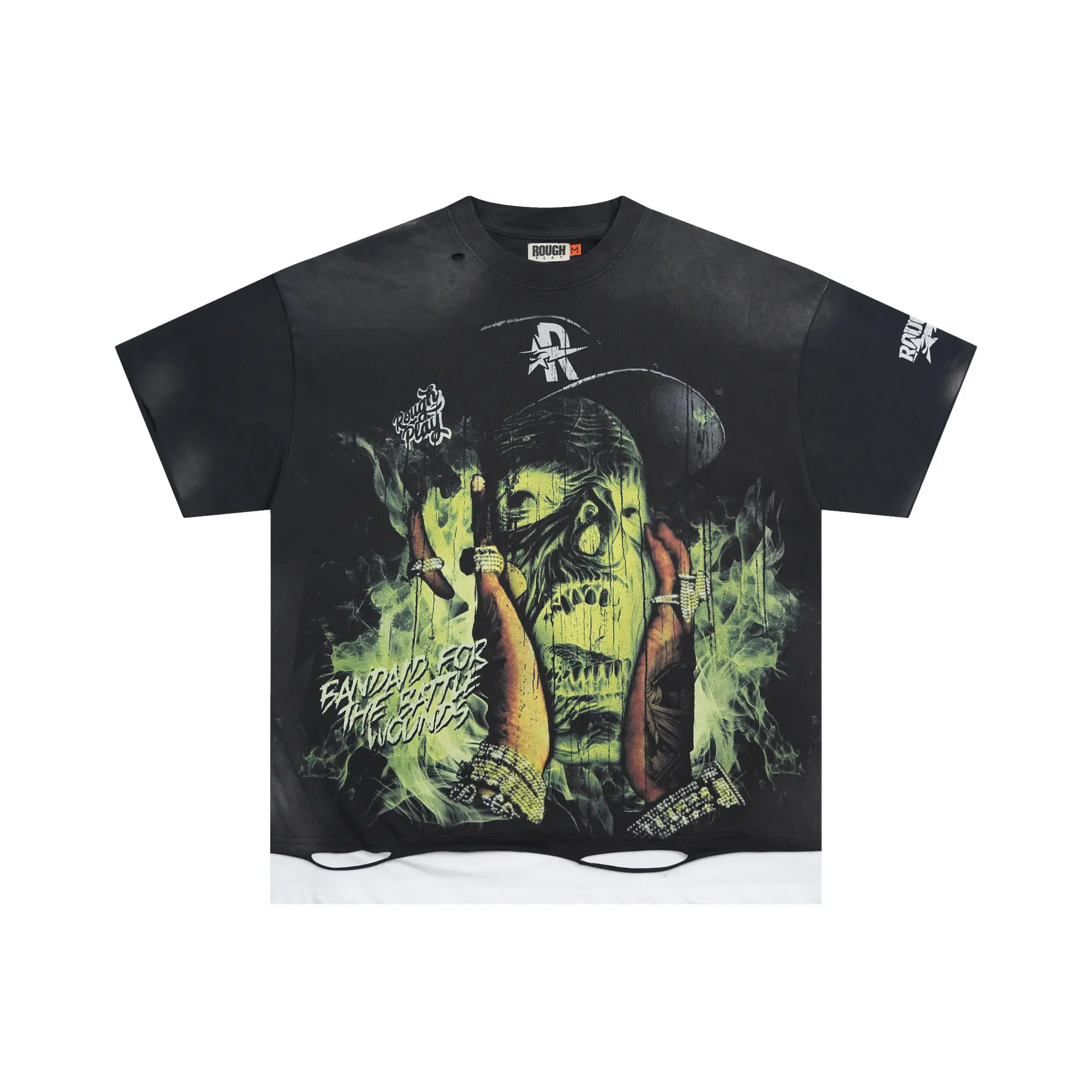 Extra Baggy Fake 2-Piece Layered Short Sleeve Tee with Graffiti & Ghost Print| 2000s Retro Vintage Wash Edgy Grunge Urban Street Style| For Men & Women Edgy Ripped & Worn Top for Men Women Warm Weather Daily Outfit