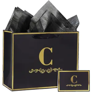 Alphabet Birthday Gift Bag with Card and Tissue Paper for Men Women, 13" Large Black Gold Personalized Bridal Party Gift Paper Bag for Gifts Wrapping