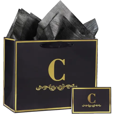Alphabet Birthday Gift Bag with Card and Tissue Paper for Men Women, 13" Large Black Gold Personalized Bridal Party Gift Paper Bag for Gifts Wrapping