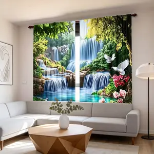 2D Flat Large Curtains 2-Piece Set - Tropical Waterfall Landscape with Waterfall, Greenery, and Doves - Sheer Privacy Curtains for Living Room, Bedroom, Office - Rod Pocket Design, Modern Home Decor Curtains (Rod Not Included)