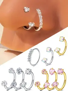 9pcs Stainless Steel Synthetic Zircon Nose Ring, Silver Color C Shape Design, Fashion Jewelry for Women & Girls, Cubic Zirconia Jewelry, Elegant Accessory